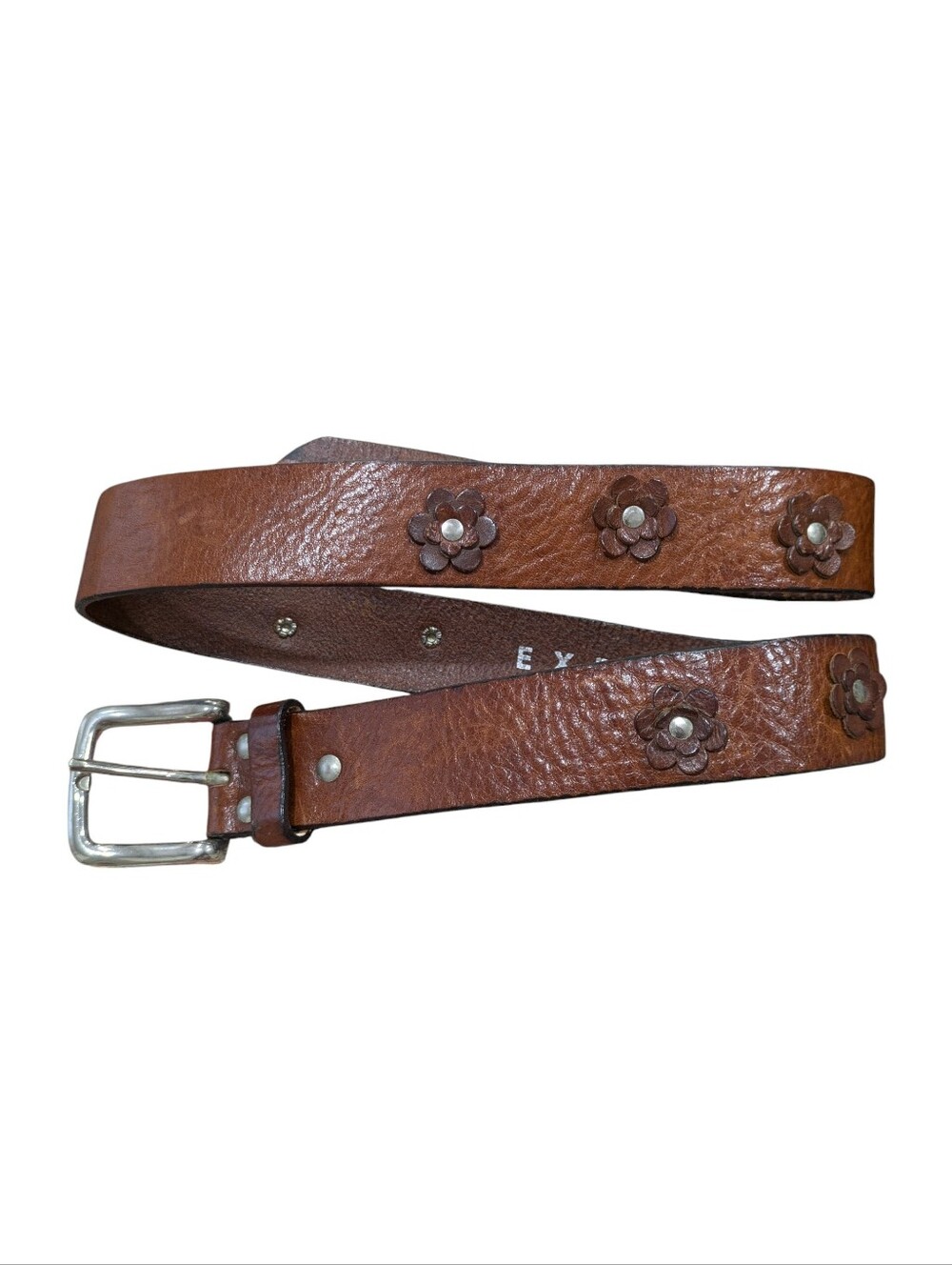 VTG Express Brown Italian Pebbled Leather Flower Power Belt Hippie Silver Studs